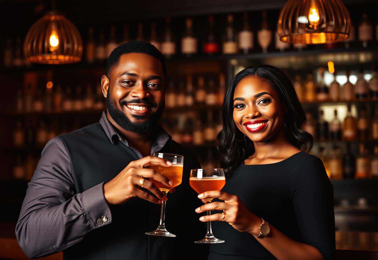 Lantrice and Lynnie Harrison-Green, owners of Sticks N' Stones, smiling together with cocktails